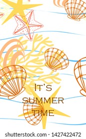 Underwater background. Cute colorful seashells and starfish. Summer design. Vector background