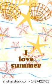 Underwater background. Cute colorful seashells and starfish. Summer design. Vector background