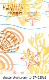 Underwater background. Cute colorful seashells and starfish. Summer design. Vector background