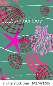 Underwater background. Cute colorful seashells and starfish. Summer design. Vector background