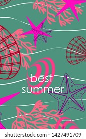 Underwater background. Cute colorful seashells and starfish. Summer design. Vector background