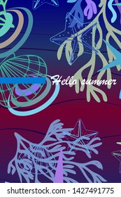 Underwater background. Cute colorful seashells and starfish. Summer design. Vector background