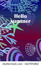 Underwater background. Cute colorful seashells and starfish. Summer design. Vector background