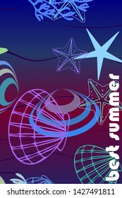 Underwater background. Cute colorful seashells and starfish. Summer design. Vector background