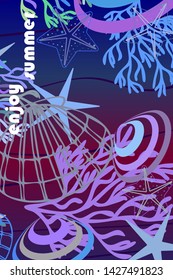 Underwater background. Cute colorful seashells and starfish. Summer design. Vector background
