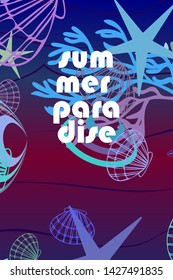Underwater background. Cute colorful seashells and starfish. Summer design. Vector background
