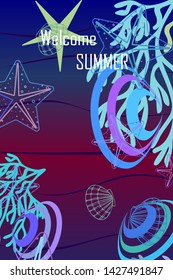 Underwater background. Cute colorful seashells and starfish. Summer design. Vector background