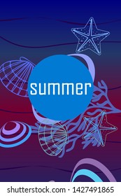Underwater background. Cute colorful seashells and starfish. Summer design. Vector background