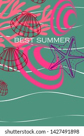 Underwater background. Cute colorful seashells and starfish. Summer design. Vector background