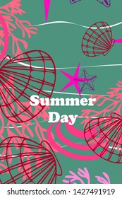 Underwater background. Cute colorful seashells and starfish. Summer design. Vector background