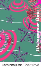 Underwater background. Cute colorful seashells and starfish. Summer design. Vector background