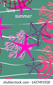 Underwater background. Cute colorful seashells and starfish. Summer design. Vector background