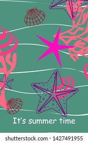 Underwater background. Cute colorful seashells and starfish. Summer design. Vector background