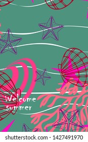 Underwater background. Cute colorful seashells and starfish. Summer design. Vector background