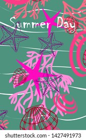 Underwater background. Cute colorful seashells and starfish. Summer design. Vector background