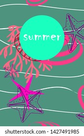 Underwater background. Cute colorful seashells and starfish. Summer design. Vector background