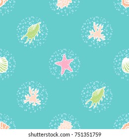 Underwater background. Cute colorful seashells, starfish and bubbles on turquoise background.  Seamless pattern. All over print.