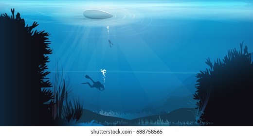 Underwater Background with divers, Sea plants and Reefs
