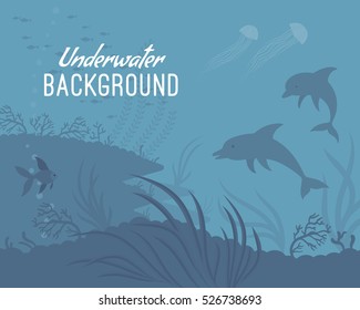 Underwater background dolphin, perfect for scuba diving, undisturbed places in the ocean. Cartoon flat-style graphic template with copyspace