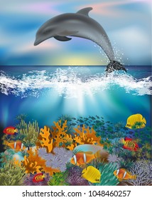 Underwater background with Dolphin and Tropical fish, vector illustration