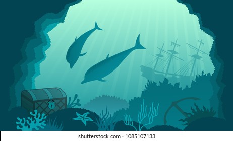 Underwater Background, Dolphins Near The Treasure In The Chest