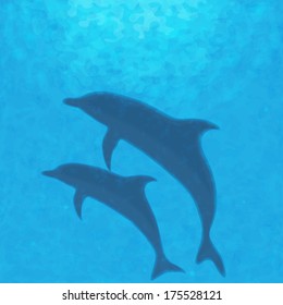 Underwater background with dolphins. Vector illustration.