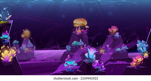 Underwater background with fantasy plants grow on sea bottom. Alien marine mushrooms, flowers or seaweeds growing at rocks under sunlight beam, glowing undersea life, Cartoon vector illustration