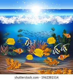 Fondo submarino con peces, ilustración vectorial