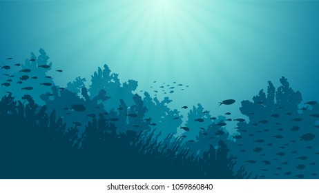 Underwater Background with Fishes, Sea plants and Coral Reefs