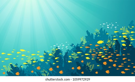 Underwater Background with Fishes, Sea plants and Coral Reefs