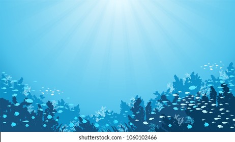 Underwater Background with Fishes, Sea plants and Coral Reefs
