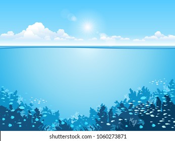 Underwater Background with Fishes, Sea plants and Coral Reefs