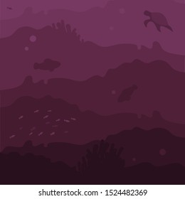 Underwater Background with Fishes, Sea plants and Coral Reefs 
