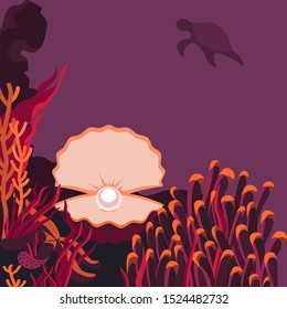 Underwater Background with Fishes, Sea plants and Coral Reefs and pearl