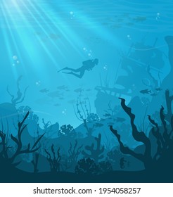 Underwater Background with Fishes, Sea plants and Coral Reefs.