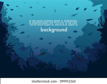 Underwater Background with Fishes, Sea plants and Coral Reefs