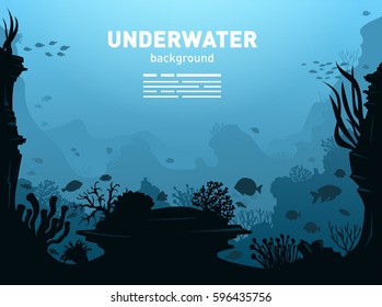 Underwater Background with Fishes, Sea plants and Coral Reefs