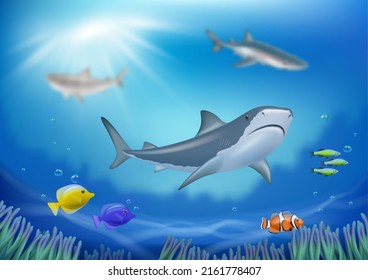 Underwater background. With fishes swimming underwater in ocean or sea decent vector shark in realistic style