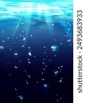 Underwater background with glowing light and bubbles. Vertical