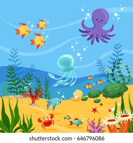 Underwater Background Illustration With Ocean Animals, Plants And Fishes. Vector Sea Underwater Wildlife With Seaweed And Fish