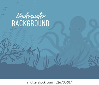 Underwater background, incredible species. Octopus, coral reefs, pelagic waters, mysterious ocean floor. Cartoon flat-style graphic template with copyspace