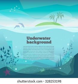 Underwater background Landscape of marine life - Island in the ocean and underwater world.. Low polygon style flat illustrations of underwater world. For web and mobile phone,print, infographics.