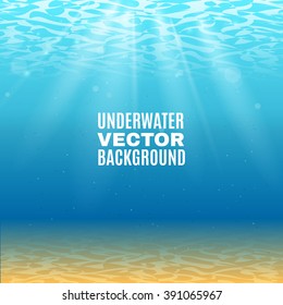 Underwater background  in light blue tone with sand sunrays falling from the waves vector illustration