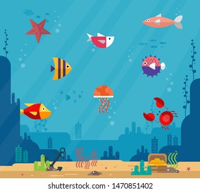 Underwater background, marine habitats, incredible species. Cartoon vector flat-style graphic template