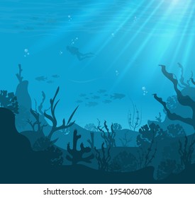 Underwater background, marine habitats, incredible species. Cartoon vector flat-style graphic template