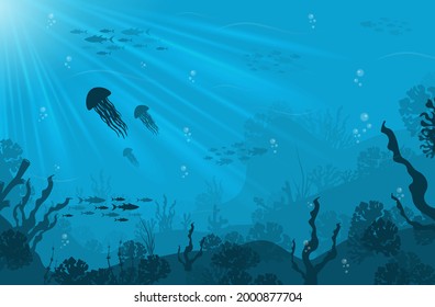 Underwater background, marine habitats, incredible species. Cartoon vector flat-style graphic template