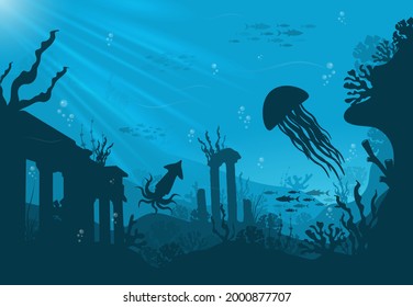 Underwater background, marine habitats, incredible species. Cartoon vector flat-style graphic template