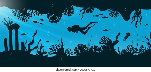 Underwater background, marine habitats, incredible species. Cartoon vector flat-style graphic template