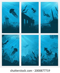 Underwater background, marine habitats, incredible species. Cartoon vector flat-style graphic template