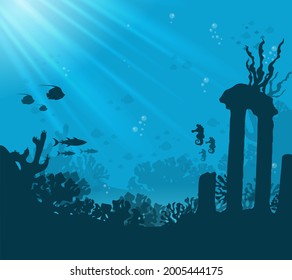 Underwater background, marine habitats, incredible species. Cartoon vector flat-style graphic template